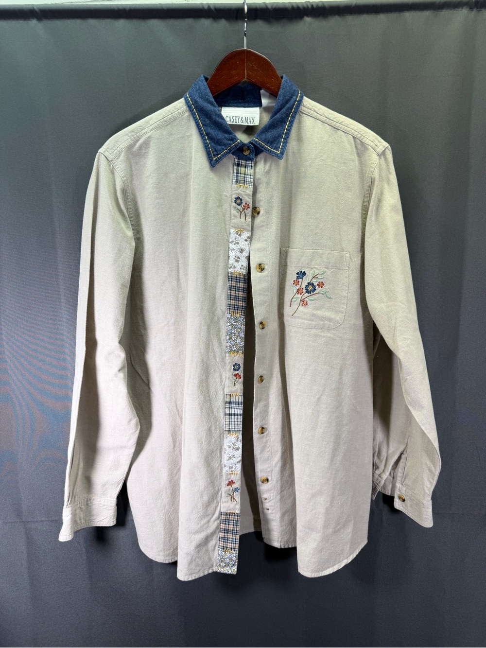90’s Casey And Max Button Down Shirt Embroidered Denim Collar Cottagecore XL